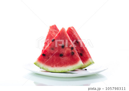 pieces of fresh ripe red watermelon on white pieces of fresh ripe red watermelon on white 105798311