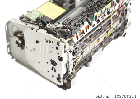 Disassembled laser printer isolated on white background Disassembled laser printer isolated on white background 105798321