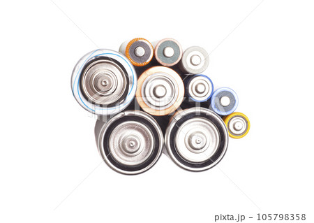 Group of batteries isolated on white background top view. 105798358