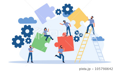 Puzzle together vector concept business jigsaw piece illustration teamwork solution idea. Connect background group success design. Solve problem work cooperation element part strategy Puzzle together vector concept business jigsaw piece illustration teamwork solution idea. Connect background group success design. Solve problem work cooperation element part strategy 105798642