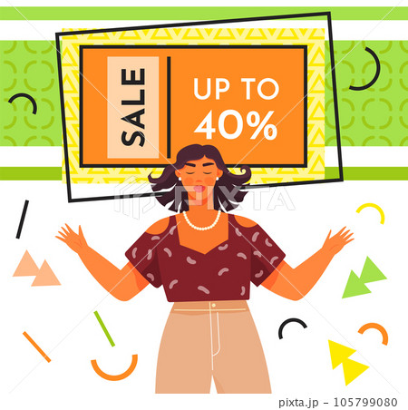 Big sale and discounts banner. Reduction offer poster with happy woman. New arrival, special offer Big sale and discounts banner. Reduction offer poster with happy woman. New arrival, special offer 105799080