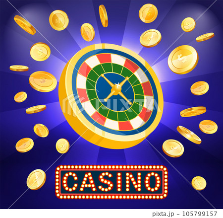 Casino gambling poster design. Money coins winner success concept. Slot machine game prize 105799157