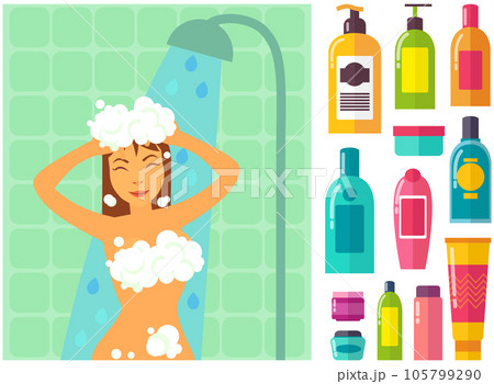 Woman showering near hygienic bath products. Set of bodycare toiletries next to bathing girl Woman showering near hygienic bath products. Set of bodycare toiletries next to bathing girl 105799290