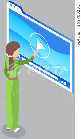 Female character selects video on virtual screen, watching online tutorial, playback via internet Female character selects video on virtual screen, watching online tutorial, playback via internet 105799291