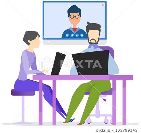 Employees with laptops have video meeting with colleague, online business conference via Internet Employees with laptops have video meeting with colleague, online business conference via Internet 105799345