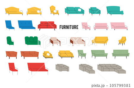 Home Furniture. Chairs, sofas, armchairs. Vector illustration in flat style isolated on white background. cozy chair couch ottoman armchair sofa with cushions home apartment. Home Furniture. Chairs, sofas, armchairs. Vector illustration in flat style isolated on white background. cozy chair couch ottoman armchair sofa with cushions home apartment. 105799381