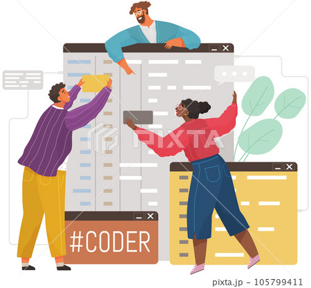 Programmer engineering and coding. Set of programmers working on web development on computers 105799411