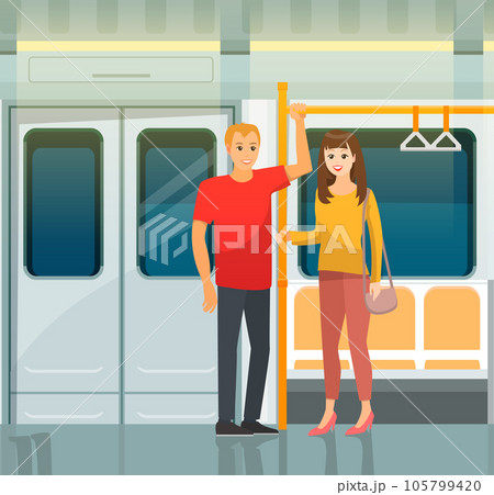 Interior design of subway car, transport for passengers with seats, automatic doors and windows 105799420