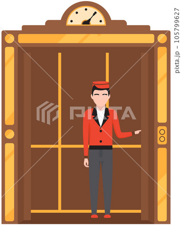 Doorman standing inside cabin of mechanical retro lift. Elevator with doors and floor counter 105799627