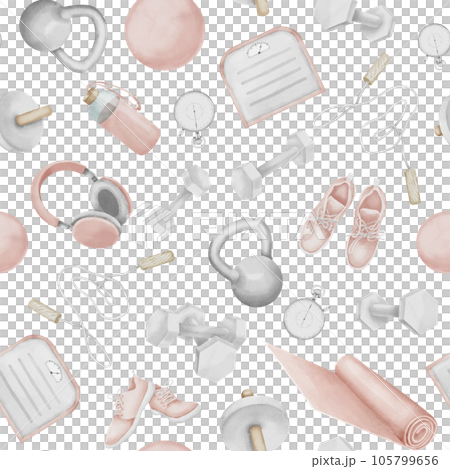 Seamless Pattern of female Fitness exercise equipment. Hand drawn watercolor illustration of gym tools on white isolated background. Drawing of women's sport for workout clothes and textile prints. Seamless Pattern of female Fitness exercise equipment. Hand drawn watercolor illustration of gym tools on white isolated background. Drawing of women's sport for workout clothes and textile prints. 105799656