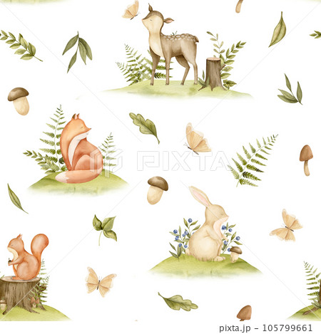 Seamless Pattern with Forest Animals and plants. Hand drawn watercolor illustration of woodland backdrop with deer and fox for childish textile or wrapping paper on isolated background. Baby ornament. 105799661
