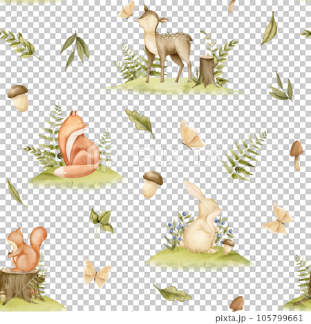 Seamless Pattern with Forest Animals and plants. Hand drawn watercolor illustration of woodland backdrop with deer and fox for childish textile or wrapping paper on isolated background. Baby ornament. 105799661