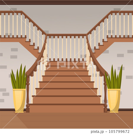 Ladder with steps, balusters and handrails. Stairs, classical stairsace with wooden banisters 105799672