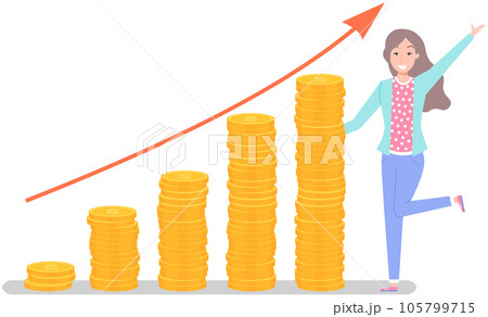 Businesswoman standing near pile of gold coins. Increased income, business profit concept Businesswoman standing near pile of gold coins. Increased income, business profit concept 105799715