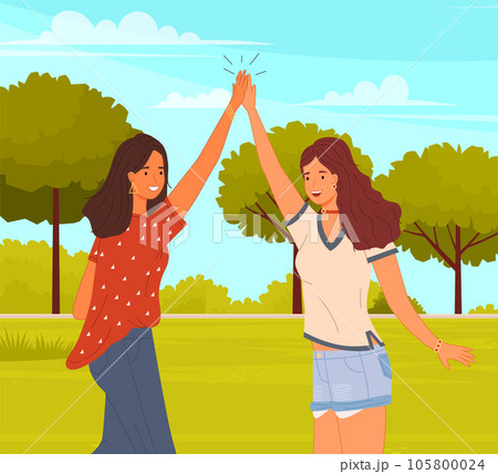 Women greeting each other. Female characters give five and rejoice standing with hands together 105800024