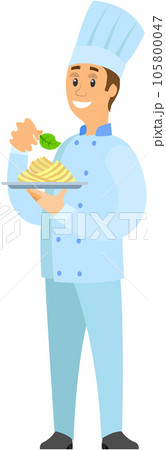 Chef standing with plate of pasta, dish of italian cuisine in cafe. Man holds ready-made meal 105800047