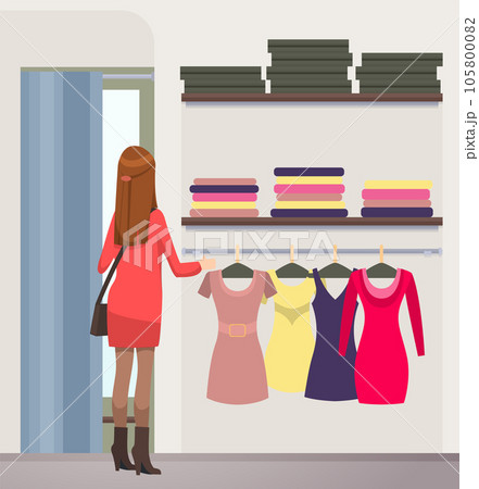 Girl chooses outfit in wardrobe at home or in boutique. Lady in dress chooses garment while shopping 105800082