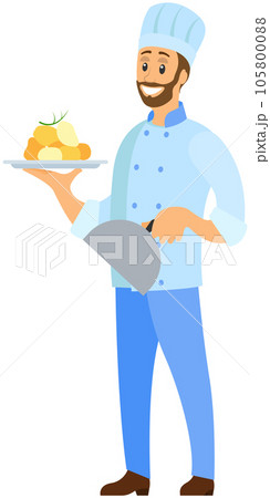 Man holds plate with ready-made meal and lid. Kitchener serves dish from chef, food at cafe Man holds plate with ready-made meal and lid. Kitchener serves dish from chef, food at cafe 105800088