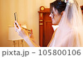 portrait. beautiful bride in white veil holding a mirror in her hands, looking at herself in the mirror, smiling. the bride is preparing for the wedding. 105800106