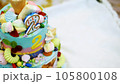 close-up, children's birthday cake, decorated with various delicacies and edible pictures. children's birthday party. 105800108