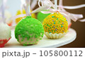 Candy bar on children's birthday. close-up, multi-colored lollipops, sweets, biscuit, cupcakes, sweet decoration for children's parties and children's anniversaries. 105800112