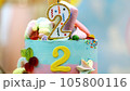 close-up, children's birthday cake, decorated with various delicacies and edible pictures. children's birthday party. 105800116