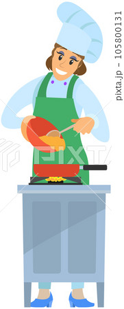 Woman preparing dish, adding ingredient to meal. Chef stands with bowl and frying pan on stove Woman preparing dish, adding ingredient to meal. Chef stands with bowl and frying pan on stove 105800131