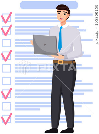 Month scheduling, to do list, time management. Businessman stands near checklist and planning 105800159