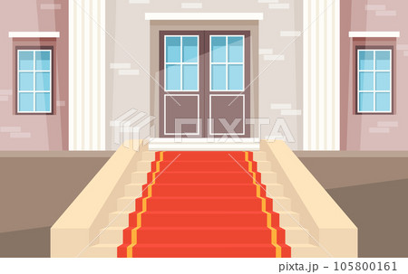 Decorated stairs and pedestal for rewarding ceremony. Red carpet velvet at entrance to building 105800161