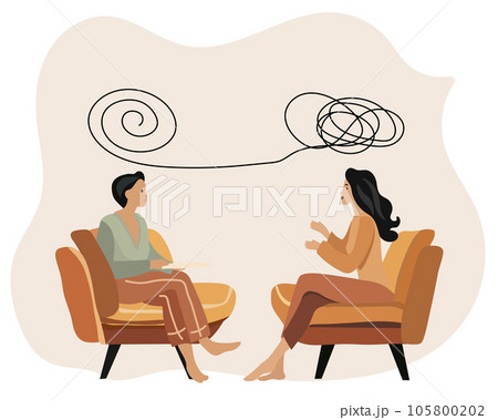 Mental health therapy notion. Female patient in a psychologists setting. Discussing with a psychiatrist while seated. Addressing stress, dependencies, and psychological issues. Vector Mental health therapy notion. Female patient in a psychologists setting. Discussing with a psychiatrist while seated. Addressing stress, dependencies, and psychological issues. Vector 105800202