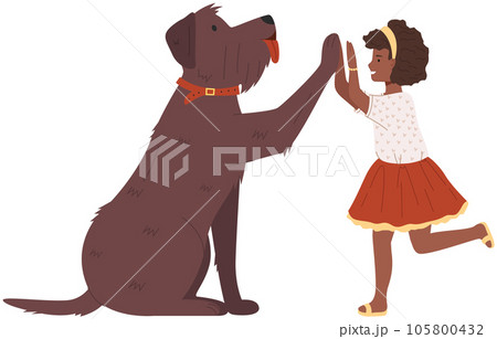 Child and her pet playing, giving five. Little female character and dog during greeting each other Child and her pet playing, giving five. Little female character and dog during greeting each other 105800432