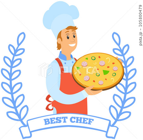 Male chef standing with hot pizza with toppings, dish of italian cuisine in cafe, pizzeria 105800479