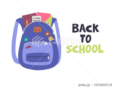Student school bag full of supplies with lettering 105800519