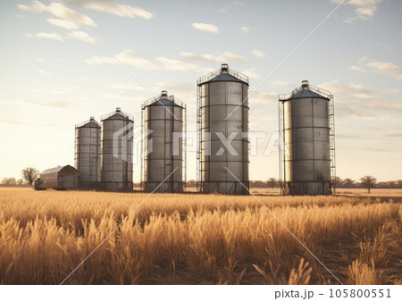 Agricultural grain silos in the field. Agricultural grain silos in the field. 105800551
