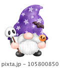 Gnome Halloween Watercolor clipart Gnome Witch Pumpkin Spooky cartoon character with a broom and a hat Hand Drawn 105800850
