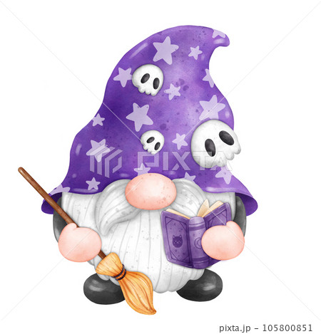 Gnome Halloween Watercolor clipart Gnome Witch Pumpkin Spooky cartoon character with a broom and a hat Hand Drawn 105800851