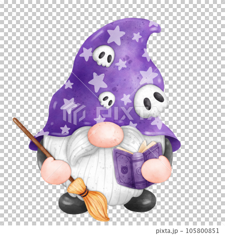 Gnome Halloween Watercolor clipart Gnome Witch Pumpkin Spooky cartoon character with a broom and a hat Hand Drawn 105800851
