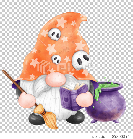 Gnome Halloween Watercolor clipart Gnome Witch Pumpkin Spooky cartoon character with a broom and a hat Hand Drawn Gnome Halloween Watercolor clipart Gnome Witch Pumpkin Spooky cartoon character with a broom and a hat Hand Drawn 105800854