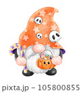 Gnome Halloween Watercolor clipart Gnome Witch Pumpkin Spooky cartoon character with a broom and a hat Hand Drawn 105800855