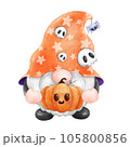 Gnome Halloween Watercolor clipart Gnome Witch Pumpkin Spooky cartoon character with a broom and a hat Hand Drawn 105800856