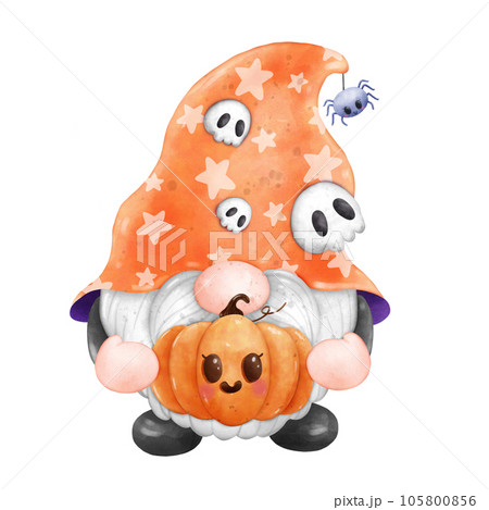 Gnome Halloween Watercolor clipart Gnome Witch Pumpkin Spooky cartoon character with a broom and a hat Hand Drawn 105800856