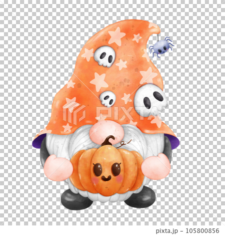 Gnome Halloween Watercolor clipart Gnome Witch Pumpkin Spooky cartoon character with a broom and a hat Hand Drawn 105800856
