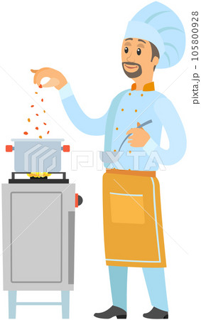 Man preparing dish, adding spice to meal. Chef works with kitchen equipment, ingredients for food Man preparing dish, adding spice to meal. Chef works with kitchen equipment, ingredients for food 105800928