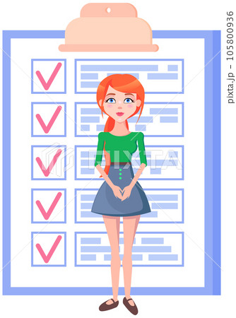 Woman stands near to do list and planning schedule. Plan fulfilled, task completed, timetable sheet Woman stands near to do list and planning schedule. Plan fulfilled, task completed, timetable sheet 105800936