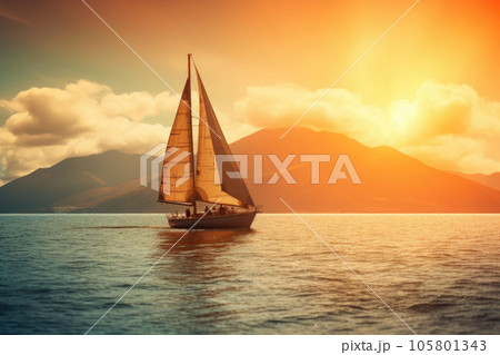 Sailboat in the sea in the evening sunlight over beautiful big mountains background. Generative AI 105801343