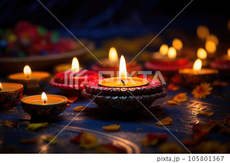 Colorful traditional oil lamps diya lit during diwali celebration. Hindu festival of lights celebration. AI generated 105801367