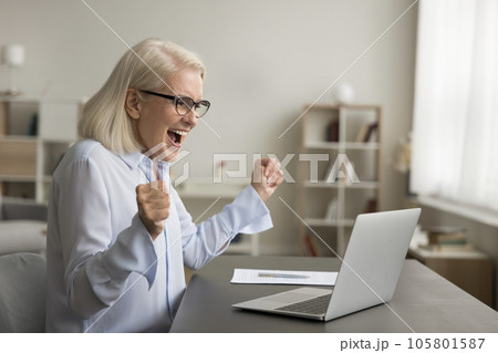 Excited happy elder mature business lady celebrating surprising success 105801587