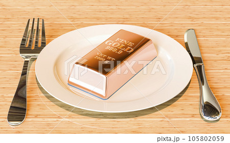 Dinner plate with gold bar, 3D rendering Dinner plate with gold bar, 3D rendering 105802059