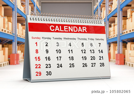 Desk calendar in storehouse. Date of shipping and logistics, 3D rendering 105802065