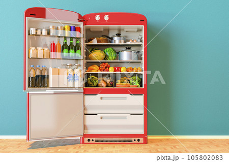 Opened fridge with fresh fruits and vegetables and healthy food in interior, 3D rendering Opened fridge with fresh fruits and vegetables and healthy food in interior, 3D rendering 105802083